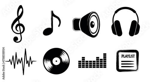 Black outline vector icons of diverse musical elements, including a treble clef, note, speaker, headphones, soundwave, vinyl record, equalizer, and playlist.