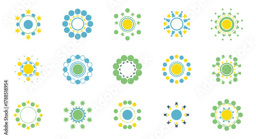 Collection of fifteen colorful abstract geometric mandala designs in a grid pattern on a white background