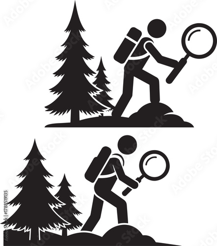 Adventurous hiker with magnifying glass explores forest terrain silhouette