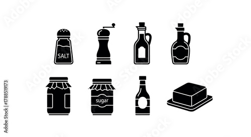 Black silhouette icons of various kitchen condiments and containers, including salt, pepper, oil, vinegar, sugar, and butter on a dish.