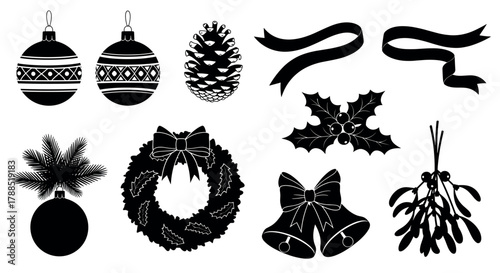 Black silhouette collection of christmas decorations including baubles, pine cone, ribbons, holly leaves, wreath, bells, and mistletoe.