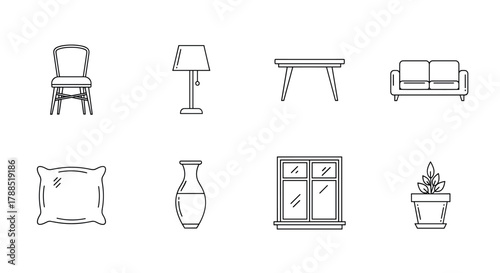 Black outline vector icons of a chair, lamp, table, sofa, cushion, vase, window, and plant in a flower pot.