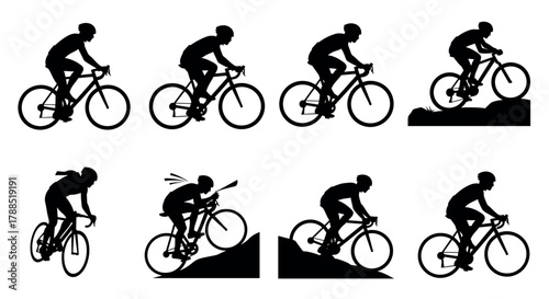 Silhouette illustrations of cyclists in various dynamic riding poses, showcasing different biking techniques and movements.