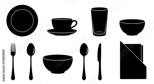 Silhouette icons of dining utensils including plates, cups, glasses, cutlery, bowls, and a napkin on a clean white background.