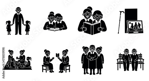 Black silhouette icons of elderly caucasian female figures engaging in family and daily activities, including reading, walking, and socializing with family.