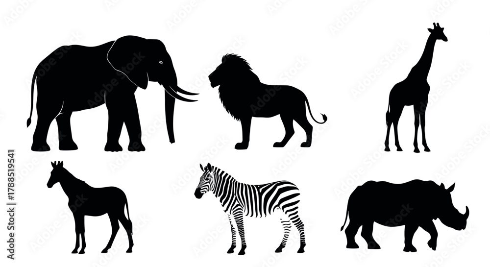 Obraz premium Silhouette illustrations of six african animals including an elephant, lion, giraffe, zebra, rhino, and horse depicted in black with distinct outlines.