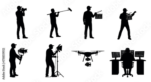 Silhouettes of various film crew members, including a cameraman, boom operator, director, lighting technician, drone operator, and video editor.