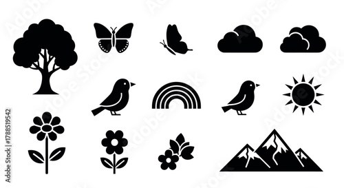 Black outline icons representing nature, featuring a tree, butterflies, clouds, birds, a rainbow, the sun, flowers, and mountains with snowy peaks.