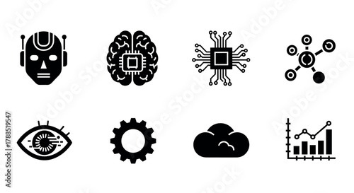 Icons representing artificial intelligence concepts including a robot face, brain with a chip, circuit, network connection, eye, gear, cloud, and data chart.