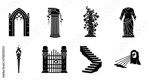 Black silhouette icons depicting a gothic archway, a vine-covered column, a leafy tree statue, a draped figure, a flaming torch, ornate gate, stone staircase, and a sundial.