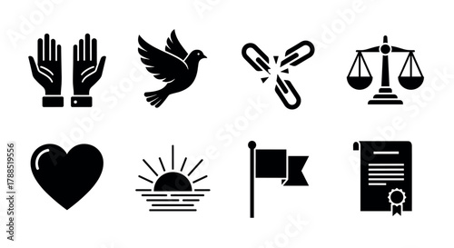 Set of eight solid black icons symbolizing human rights concepts, including scales of justice, a dove, and a broken chain link.