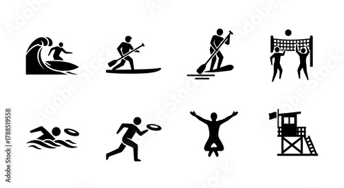 Black silhouette icons of beach activities including surfing, paddleboarding, beach volleyball, swimming, frisbee, yoga, and a lifeguard tower.