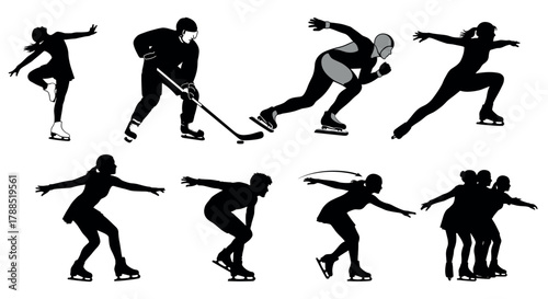 Silhouette collection of athletes performing various ice sports, including figure skating, ice hockey, and speed skating.
