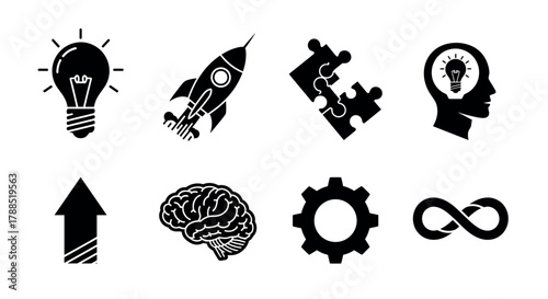 Black silhouette icons illustrating a light bulb, rocket, puzzle pieces, human head, upward arrow, brain, gear, and infinity symbol representing ideas and innovation.