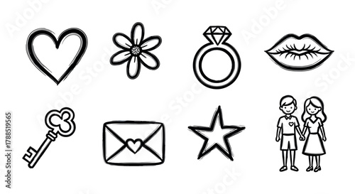 Black outline drawings of romantic icons including a heart, flower, engagement ring, lips, key, envelope, star, and a couple holding hands.