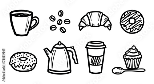 Black outline icons of coffee cup, coffee beans, croissant, donut, kettle, takeout cup, and cupcake with spoon, representing breakfast items.