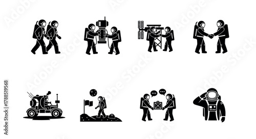 Black silhouette icons of astronauts showing various space activities, including walking, working with equipment, and communicating with each other.