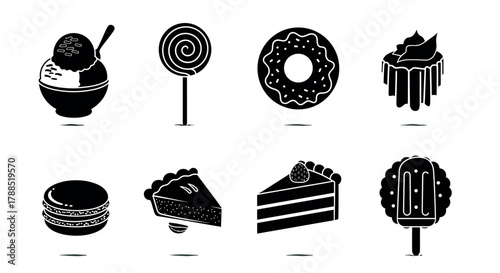 Black silhouette icons of different desserts including ice cream, lollipop, donut, cupcake, macaron, pie slice, cake slice, and ice pop arranged in two rows.