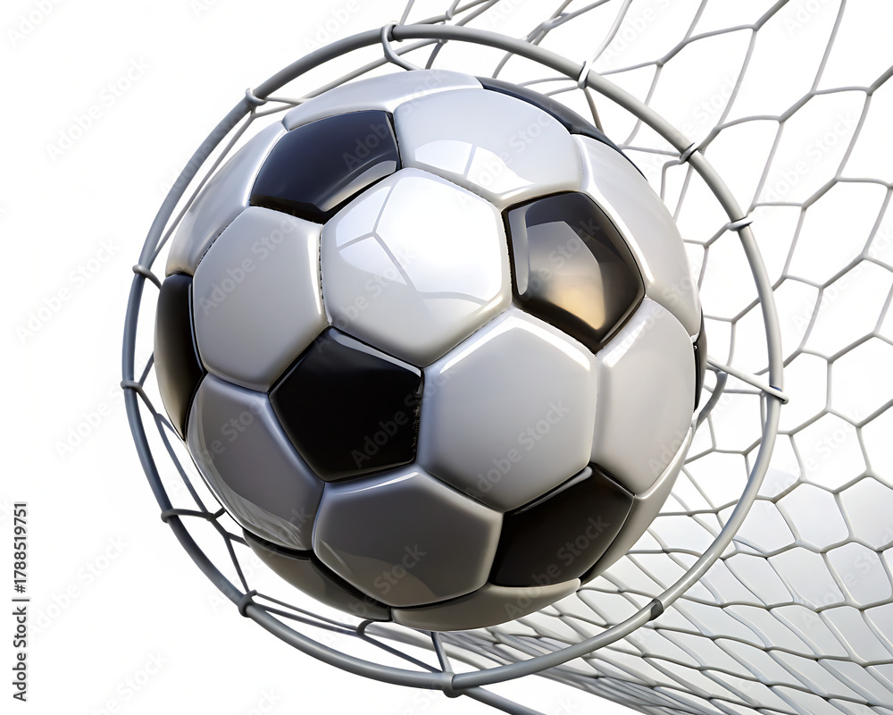 Fototapeta premium Soccer ball caught in the net isolated on white background