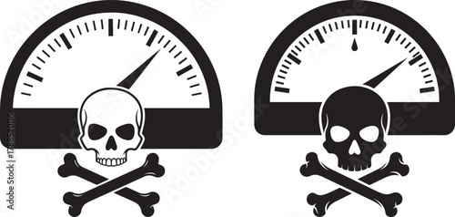 Two speedometer gauges with skull and crossbones silhouette