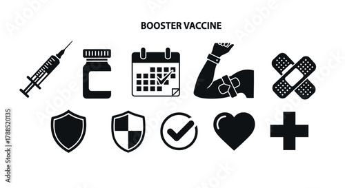 Black icons representing a syringe, vaccine bottle, calendar, flexing arm with bandage, band-aids, shields, checkmark, heart, and medical cross.