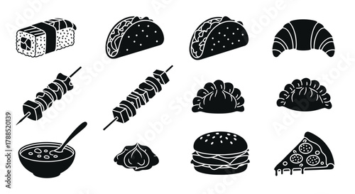 Black silhouette icons representing various foods, including sushi, tacos, croissants, skewers, dumplings, soup, burger, and pizza slices.