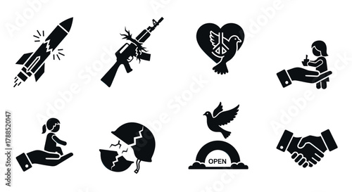 Set of black silhouette icons featuring symbols of peace, conflict, and unity, including rockets, doves, and handshakes.