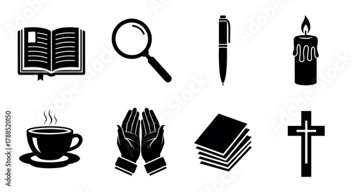 Black silhouette icons depicting an open book, magnifying glass, pen, lit candle, steaming coffee cup, praying hands, stack of paper, and cross.