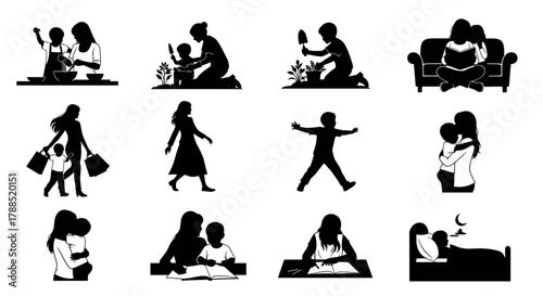 Silhouettes of family interactions, including cooking, gardening, reading, shopping, playing, and affection between a mother, father, and children.