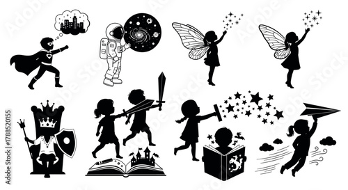 Black silhouette illustrations depicting children engaging in imaginative play with themes of superheroes, space exploration, fairies, royalty, and storytelling.
