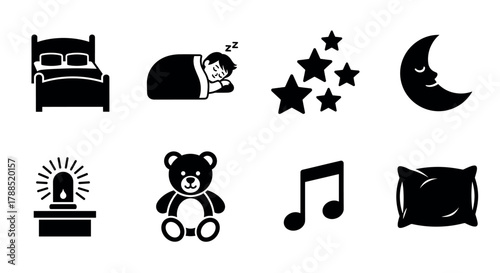 Black silhouette icons of a bed, sleeping child, stars, moon, teddy bear, police siren, musical note, and pillow for bedtime and sleep themes.