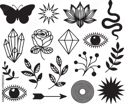 Black and white vintage vector set of floral elements, silhouette flowers, butterflies, and plant leaf illustrations for tattoo style art and decoration pattern design