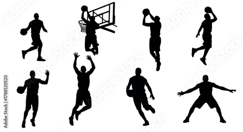 Silhouettes of male basketball players in various action poses, including dribbling, shooting, dunking, and defending during a game.