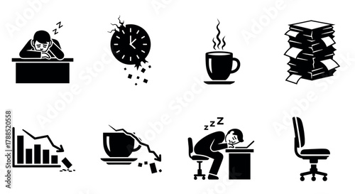 Black silhouette icons depicting workplace fatigue themes, including a sleeping person at a desk, broken clock, coffee cup, stack of papers, and empty chair.