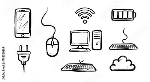 Black and white hand-drawn icons of a smartphone, computer mouse, desktop computer, keyboard, cloud, wi-fi symbol, battery, and electrical plug.