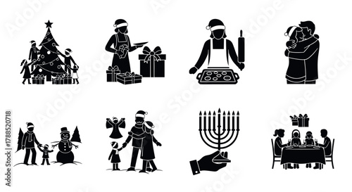 Black silhouette illustrations depict various holiday activities, including decorating a christmas tree, baking cookies, exchanging gifts, and celebrating over a family dinner.