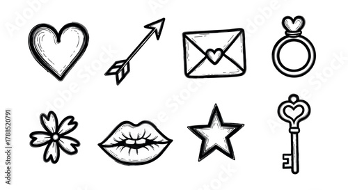 Black outline vector icons of a heart, arrow, envelope with a heart, ring, flower, lips, star, and key. minimal linear illustrations for romantic and decorative concepts.