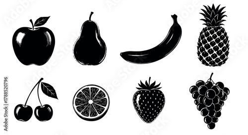 Black silhouette illustrations of eight fruits, including apple, pear, banana, pineapple, cherries, orange slice, strawberry, and grape bunch.