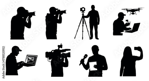 Silhouette collection of people engaged in various media and technology activities, including photography, videography, drone operation, and online communication.