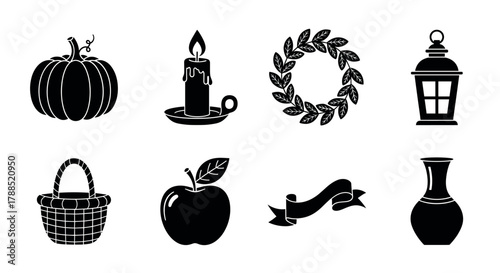 Black silhouette icons of a pumpkin, candle, wreath, lantern, basket, apple, ribbon, and vase, representing various autumn and home elements.