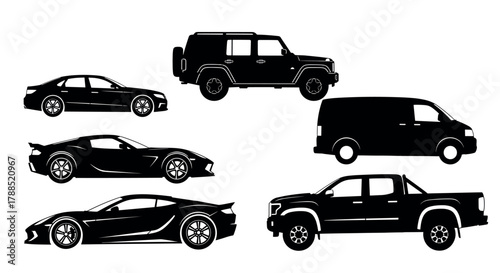 Black silhouette icons of various vehicle types including sedan, suv, sports cars, van, and pickup truck, highlighting different automotive designs.