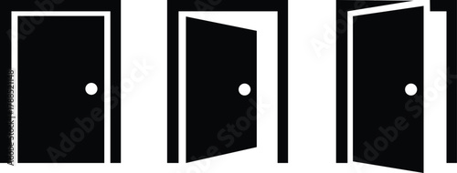 Door icons set. Open, close door. Doors collection. Opened entrance door set flat style - Vector Illustration !