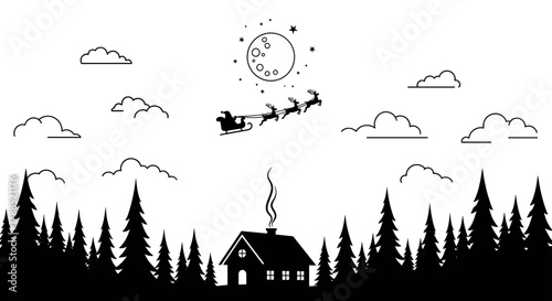 Santa claus flying across the night sky in a sleigh pulled by reindeer, above a silhouette of a forest and house under a full moon and stars.