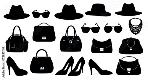 Black silhouette collection of fashion accessories including hats, sunglasses, handbags, necklaces, and high-heeled shoes depicted in various styles.
