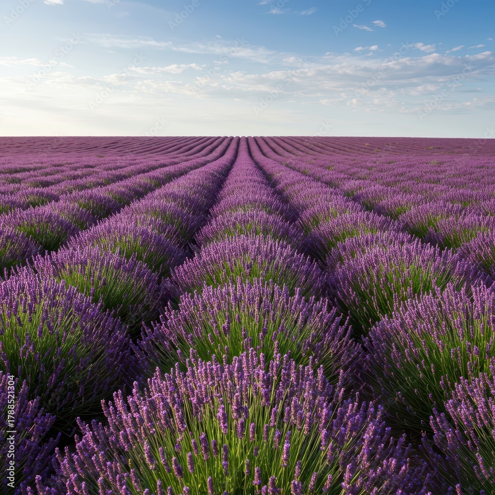 Fototapeta premium Vast purple field of blooming lavender flowers under the warm summer sun, stretching toward the distant horizon under a bright sky ,scenic ,wide ,plant