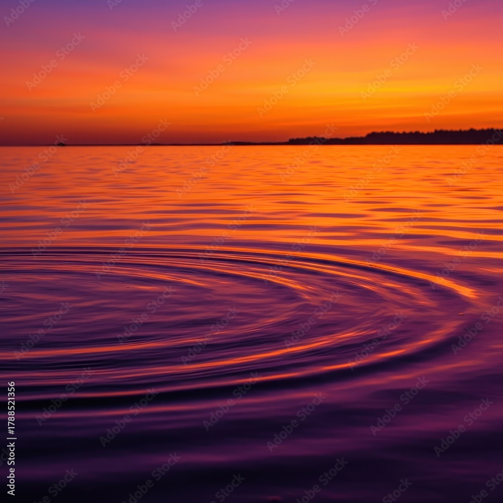 Obraz premium Vibrant orange and purple hues reflecting off the gentle, concentric water ripples at dusk, creating an ethereal, wavy texture ,dusk, yellow, pattern