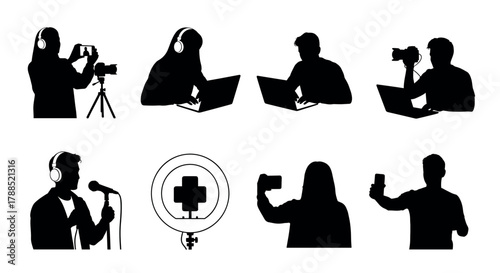 Silhouettes of people engaged in various digital activities, including podcasting, video recording, and video conferencing, with professional equipment.