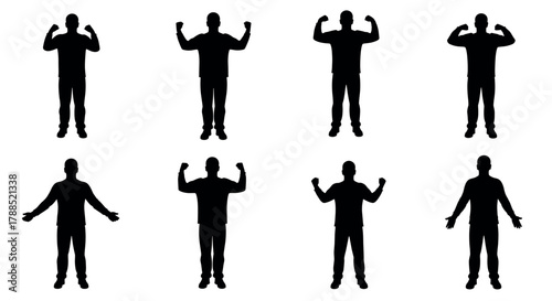 Silhouettes of men in various poses showing strength and openness, with arms flexed and extended, emphasizing masculine confidence and expressive gestures.