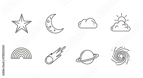 Simple black outline icons of celestial and weather elements including a star, crescent moon, cloud, sun behind clouds, rainbow, comet, planet, and spiral galaxy.