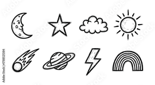Hand-drawn black outline icons featuring celestial elements including a moon, star, sun, planet, comet, lightning bolt, cloud, and rainbow.